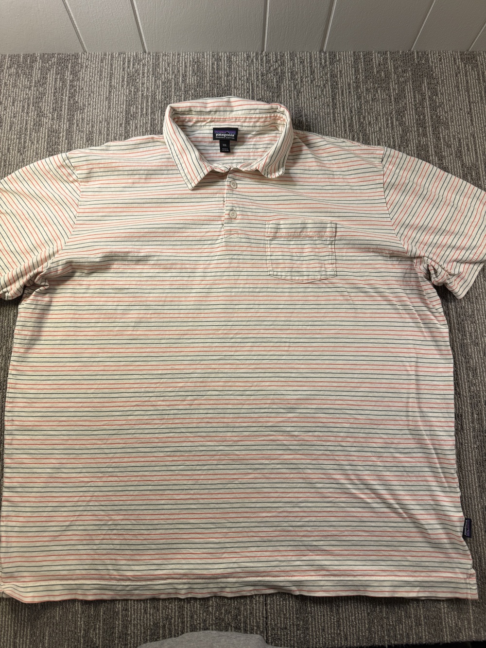 Patagonia Polo Shirt Mens 2XL White Stripe Organic Cotton Pocket Casual Knit
